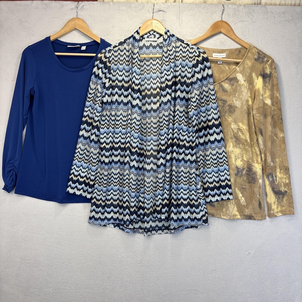 Lot Of 3 Susan Graver Tops Shirts Womens Small Blue Tan Print Stretch Cardigan